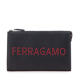 サルヴァトーレフェラガモ ロゴスタッズ クラッチバッグ ポーチ 24A121 ブラック レッド カーフレザー レディース Salvatore Ferragamo 【中古】